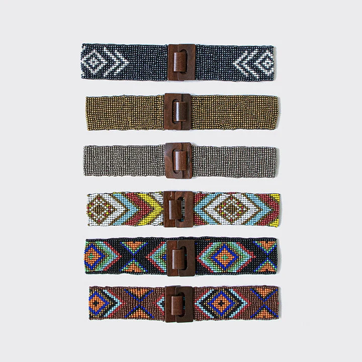 Women′s Handmade Beaded Bohemian Geometric Colorful Elastic Wood Buckle Ethnic Waistband Fashion Belt Custom Waistband